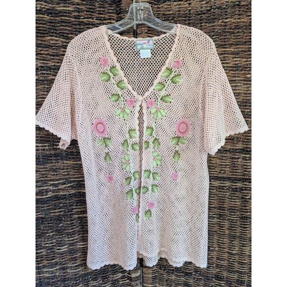 April Cornell Crochet Floral Open Front 3DKnit Cardigan Sweater Women Large Pink - Picture 1 of 10